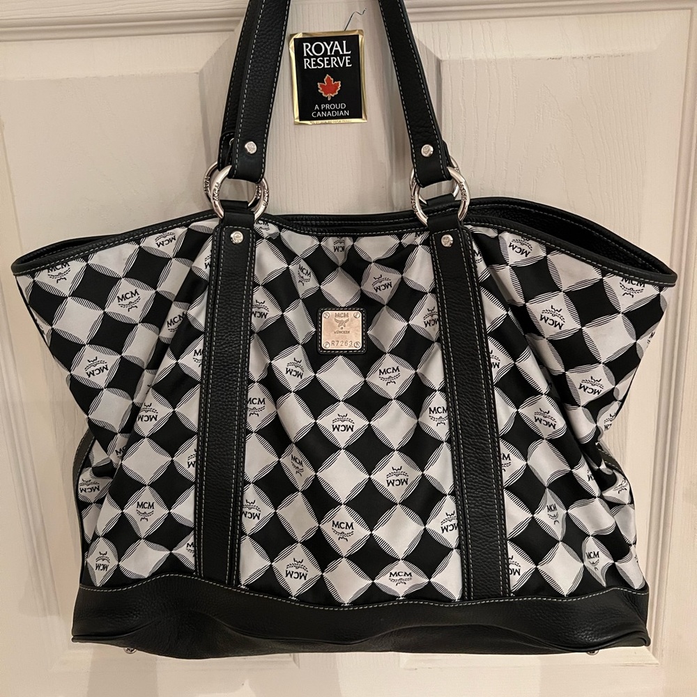 MCM Black and White Checkered Logo Tote